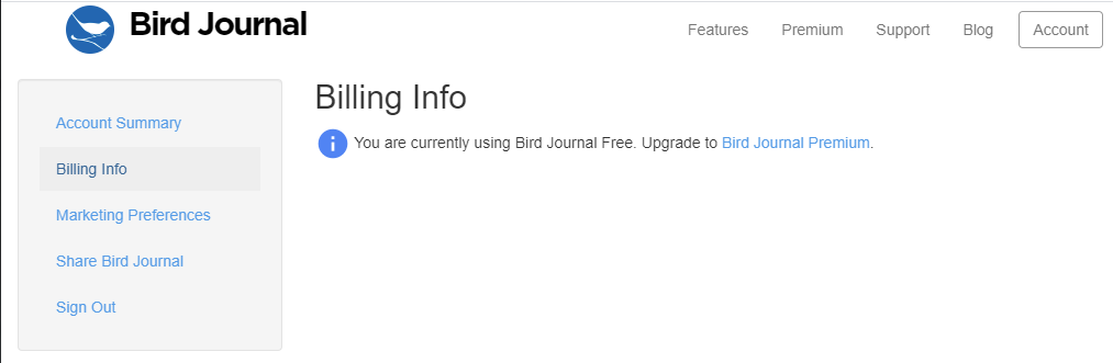 The account area with the Billing section open