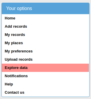 The BirdTrack main screen with Explore data in the left-hand menu
