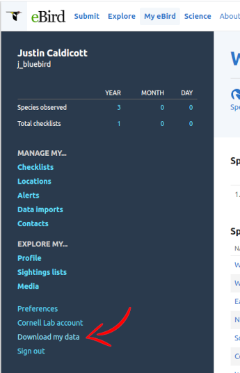 The My eBird screen with the Download my data option
