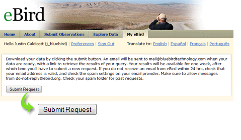 The eBird download request screen, with the Submit Request button