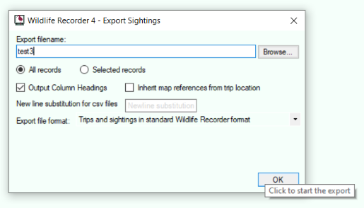 The Wildlife Recorder export screen, with the record selection and output options