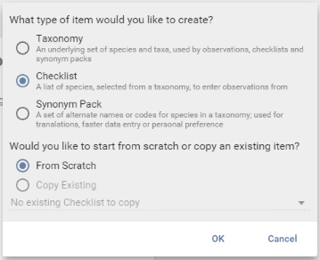 The New Library Item screen, with Taxonomy, Checklist and Synonym Pack to choose between
