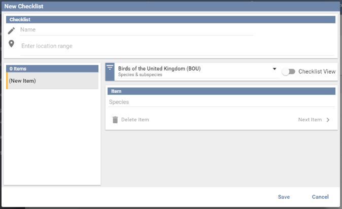 The new checklist editor, with empty name, location range and species fields
