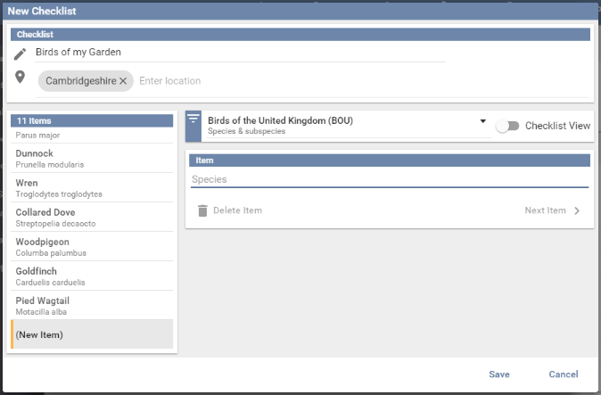 The checklist editor with several species entered and listed down the left