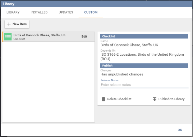 The Custom tab with a checklist selected, showing the release notes field and the Publish to Library button