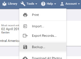 The Tools menu open, with Backup highlighted