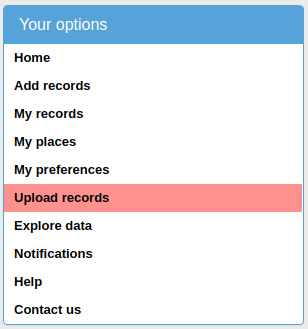 The BirdTrack website with the Upload records option in its menu