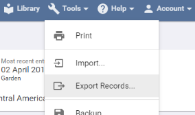 The Tools menu open, with Export Records highlighted