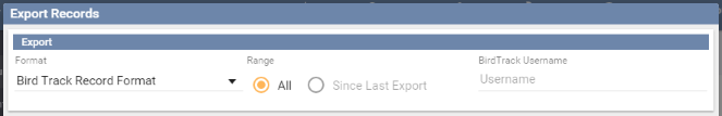 The Export Records screen, with the format drop-down open