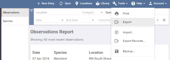 The Tools menu open over a report, with Export highlighted