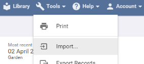 The Tools menu open, with Import highlighted