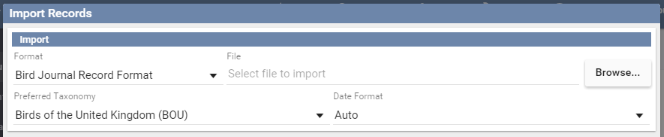 The Import Records screen, with the format, file and date format to set