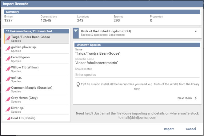The matching step, listing unknown locations, species and properties to resolve