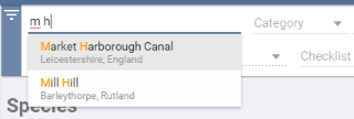 The location filter, suggesting matching locations as letters are typed