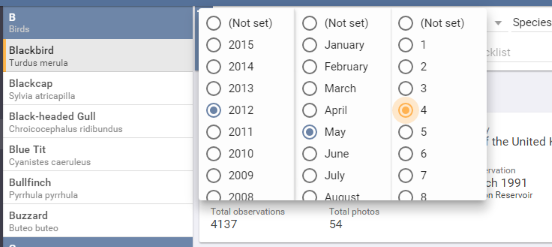The date filter, with a year, month and day to choose from