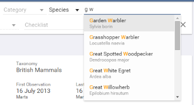 The species filter, with the category and rank drop-downs beside the species field