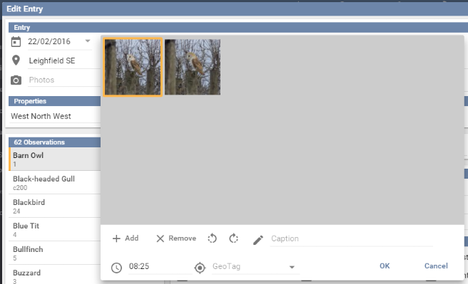 The photo picker, with thumbnails of the photos already added and the controls beneath