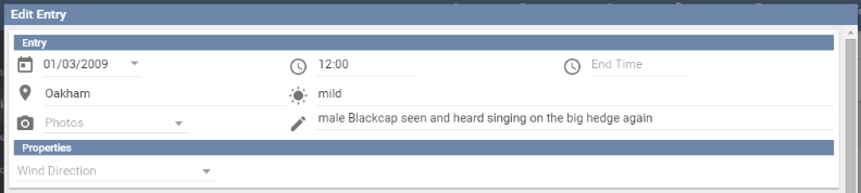 The top of the New Entry screen, with fields for date, location, weather and notes
