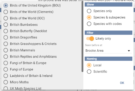 The checklist picker, listing the checklists and taxonomies relevant to the entry's location