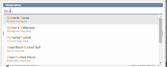 The species field showing suggestions matched from a partial name