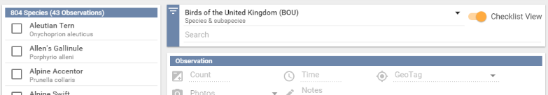 The New Entry screen in Checklist View, with every species listed and tick boxes beside them