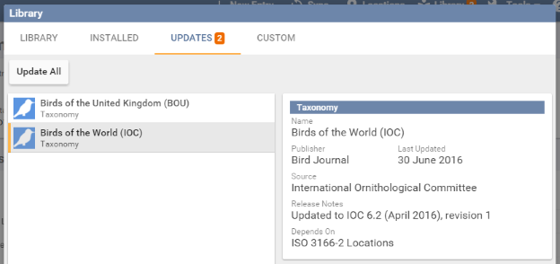 The Library screen on its Updates tab, listing two taxonomies waiting to install, with the Update All button above