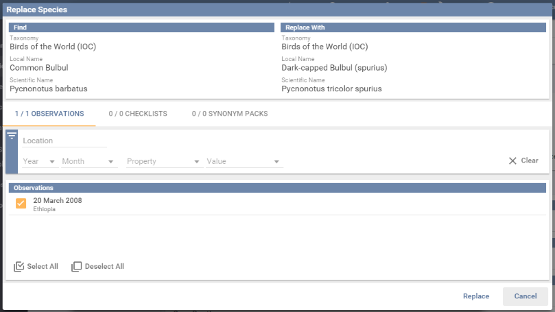 The Replace Species screen, with the species being found and its replacement above a list of matching observations to tick