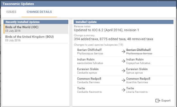 The Taxonomic Updates screen on its Change Details tab, listing recently installed updates beside the changes each one made