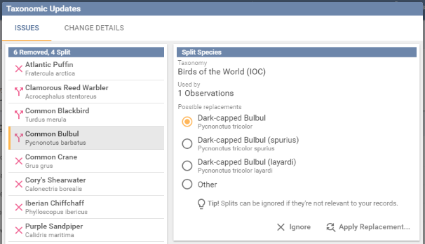The Taxonomic Updates screen on its Issues tab, listing removed and split species beside the suggested replacements for the selected one